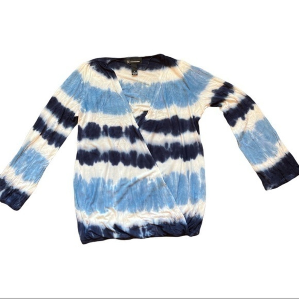 INC size small long sleeve cross wrap tie dye like blue and white, snaps chest